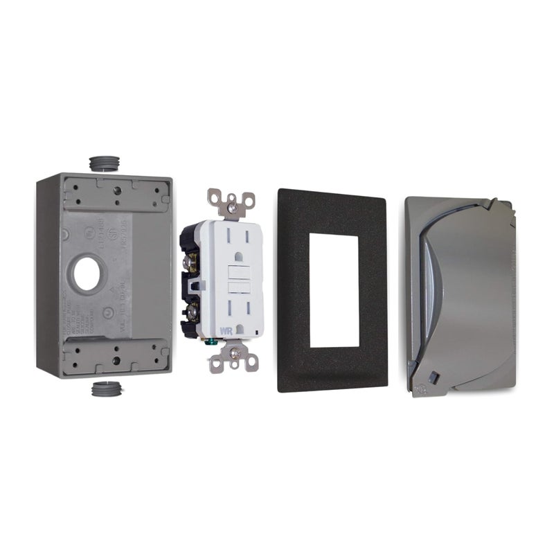 Sigma Engineered Solutions 16449 Universal Metal Weatherproof Outdoor Electrical Outlet Kit with Universal Cover, Box and 15 Amp GFCI Receptacle, Gray, 1 Gang, Lockable with Corner Hinge - Image 1